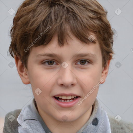 Joyful white child female with short  brown hair and brown eyes