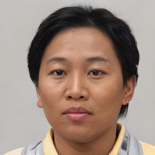 Neutral asian adult female with short  brown hair and brown eyes