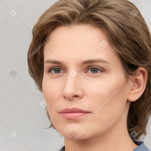 Neutral white young-adult female with medium  brown hair and grey eyes