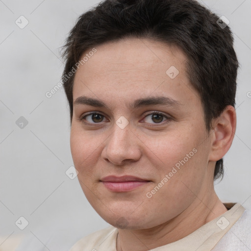 Joyful white young-adult female with short  brown hair and brown eyes