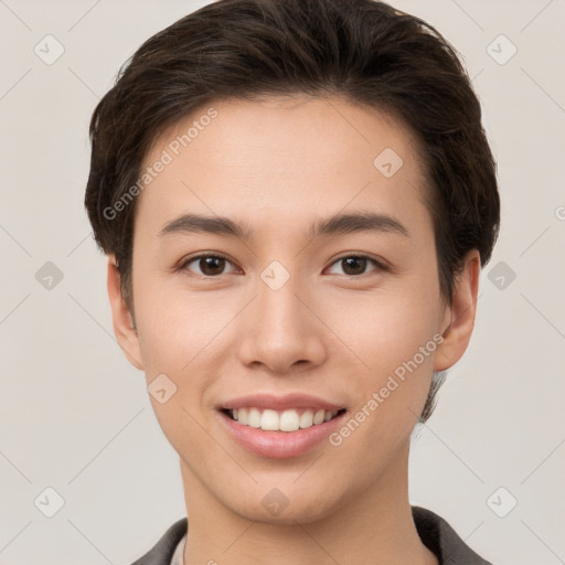 Joyful white young-adult female with short  brown hair and brown eyes