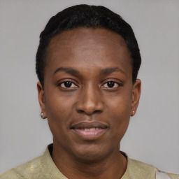 Neutral black young-adult female with short  black hair and brown eyes