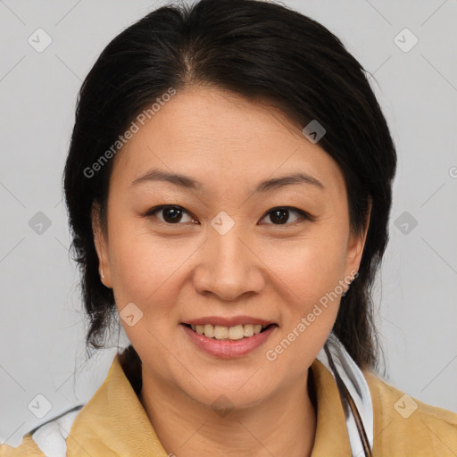 Joyful white young-adult female with medium  brown hair and brown eyes