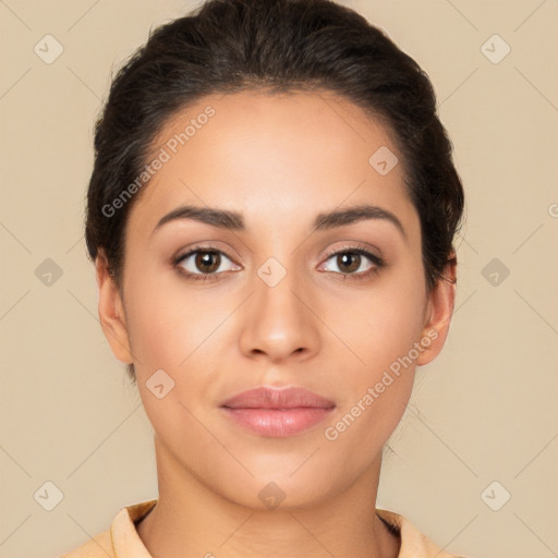 Neutral white young-adult female with short  brown hair and brown eyes