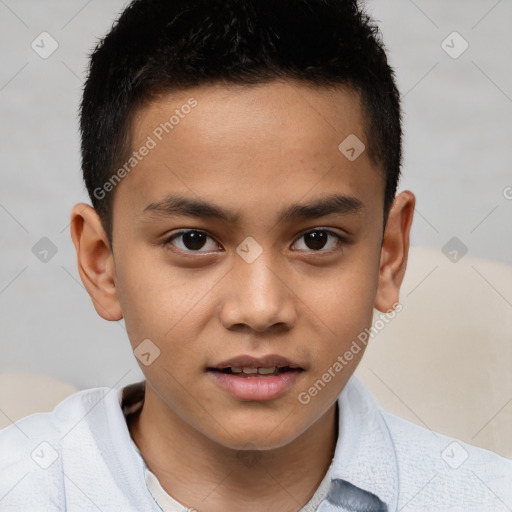 Joyful white child male with short  brown hair and brown eyes