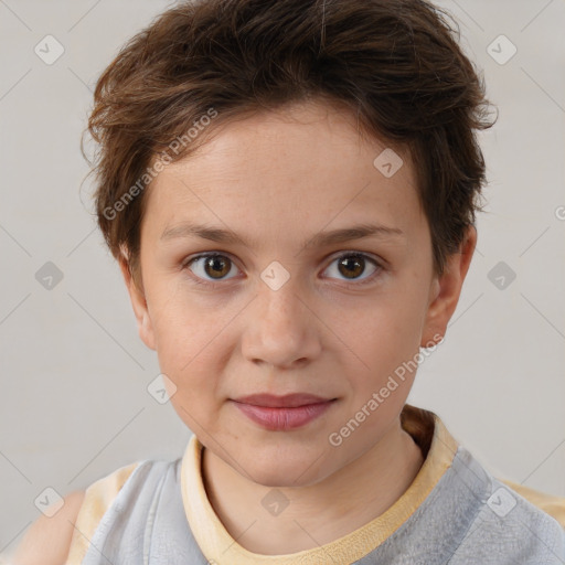 Joyful white child female with short  brown hair and brown eyes