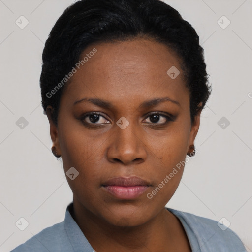 Neutral black young-adult female with short  black hair and brown eyes