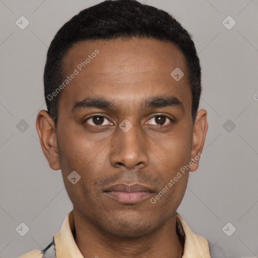Neutral black young-adult male with short  black hair and brown eyes