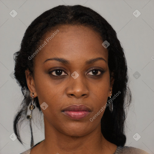 Neutral black young-adult female with medium  brown hair and brown eyes