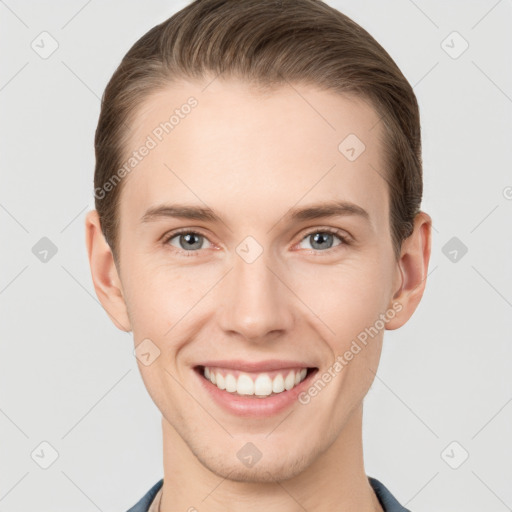 Joyful white young-adult female with short  brown hair and grey eyes