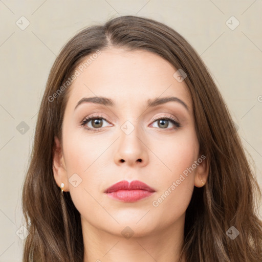 Neutral white young-adult female with long  brown hair and grey eyes