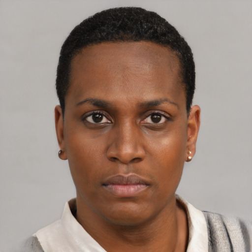 Neutral black young-adult female with short  black hair and brown eyes