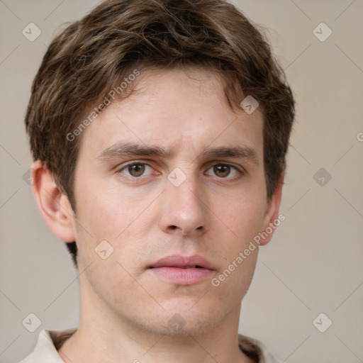 Neutral white young-adult male with short  brown hair and grey eyes