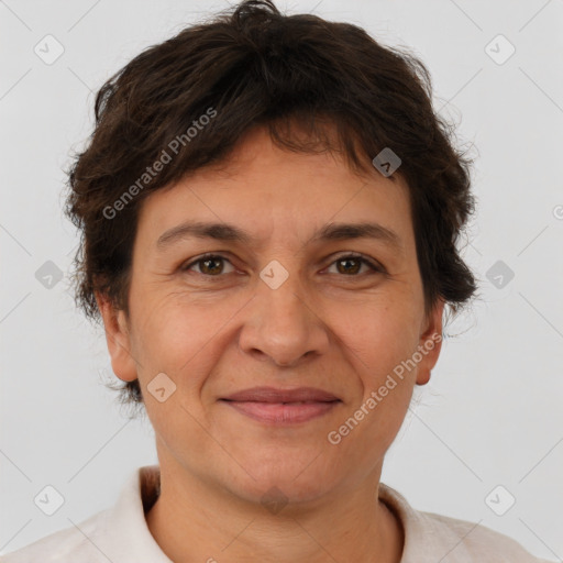 Joyful white adult female with short  brown hair and brown eyes