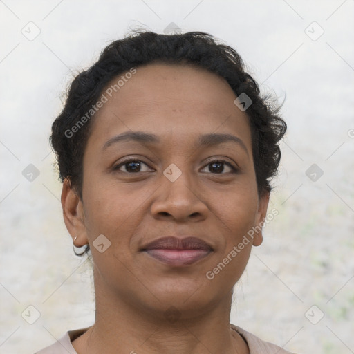 Joyful latino young-adult female with short  brown hair and brown eyes