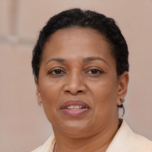 Joyful black adult female with short  brown hair and brown eyes