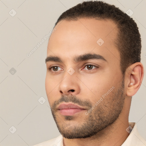 Neutral white young-adult male with short  brown hair and brown eyes