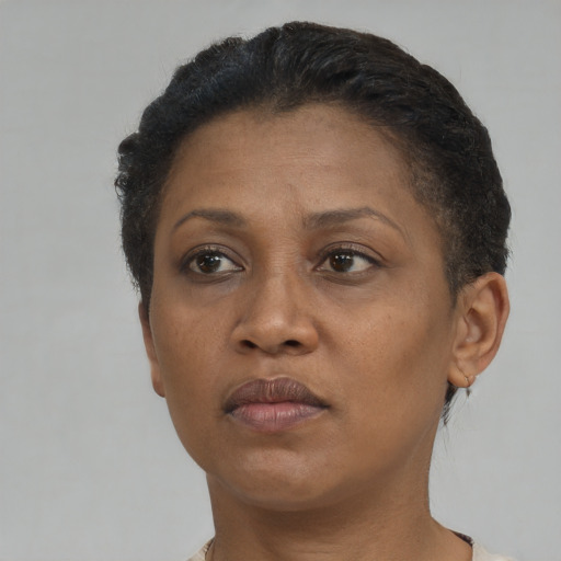 Neutral black adult female with short  brown hair and brown eyes