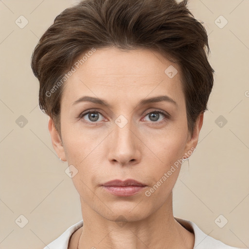 Neutral white young-adult female with short  brown hair and brown eyes