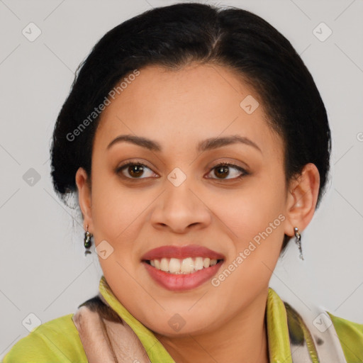 Joyful latino young-adult female with medium  brown hair and brown eyes