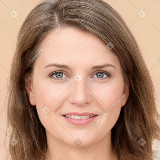 Joyful white young-adult female with long  brown hair and grey eyes