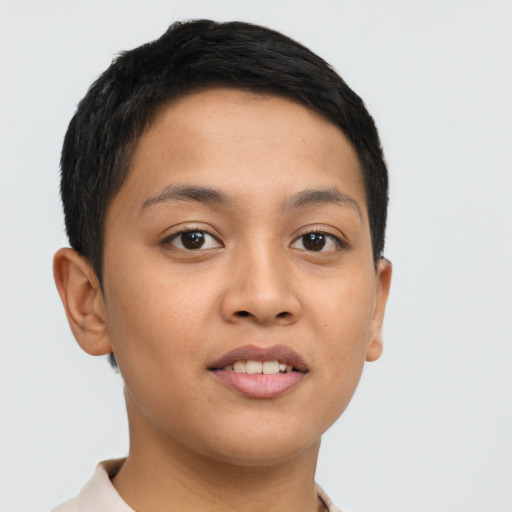 Joyful latino young-adult female with short  black hair and brown eyes