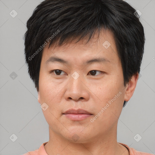 Neutral asian young-adult male with short  brown hair and brown eyes