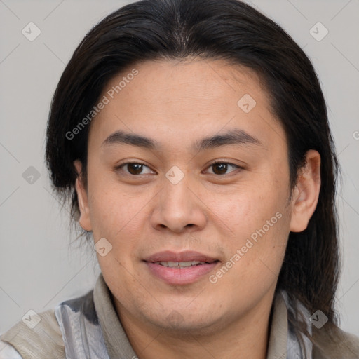 Joyful asian young-adult female with medium  brown hair and brown eyes