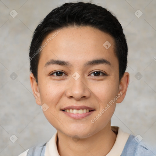 Joyful white young-adult female with short  black hair and brown eyes