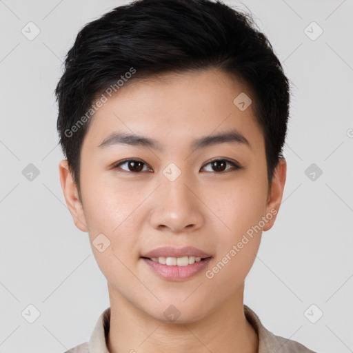 Joyful asian young-adult female with short  brown hair and brown eyes