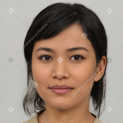 Joyful asian young-adult female with medium  brown hair and brown eyes