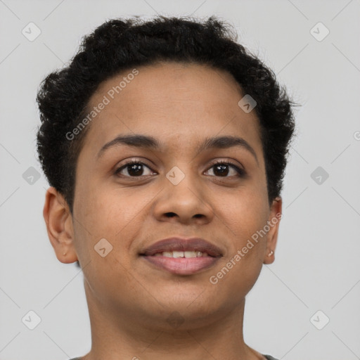 Joyful latino young-adult female with short  brown hair and brown eyes