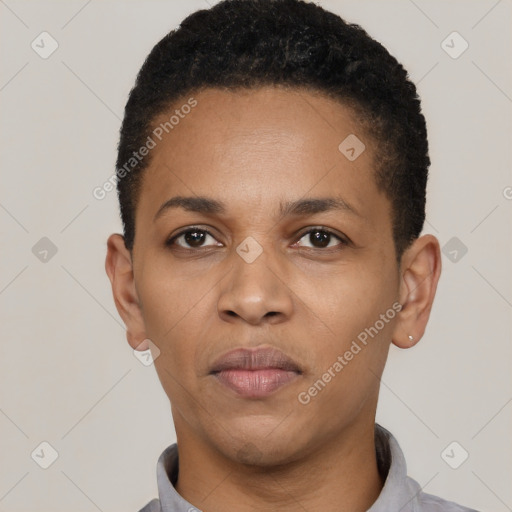 Neutral latino young-adult female with short  black hair and brown eyes