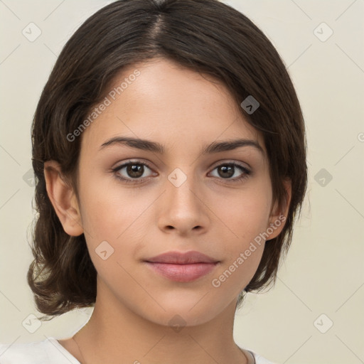 Neutral white young-adult female with medium  brown hair and brown eyes