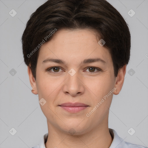 Joyful white young-adult female with short  brown hair and brown eyes