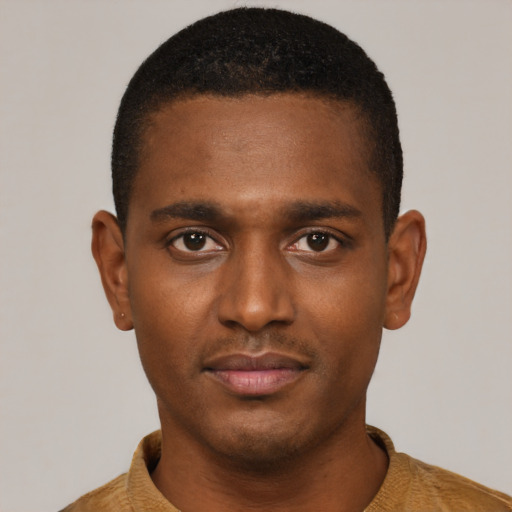 Neutral black young-adult male with short  black hair and brown eyes