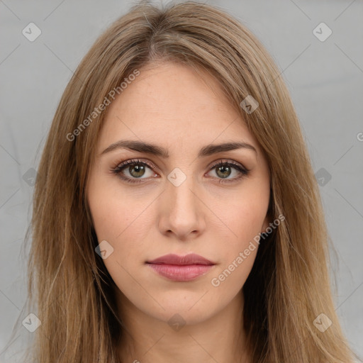 Neutral white young-adult female with long  brown hair and brown eyes