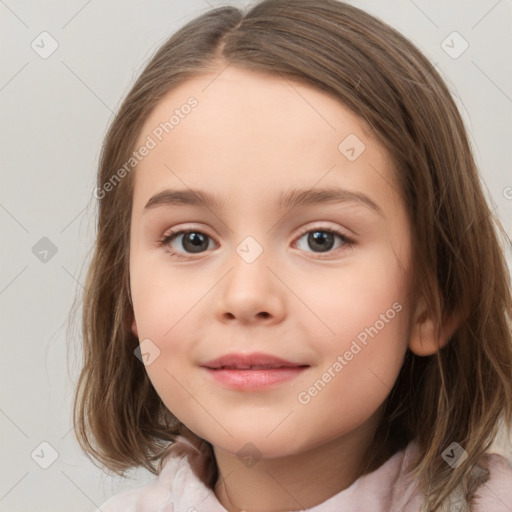 Joyful white child female with medium  brown hair and brown eyes