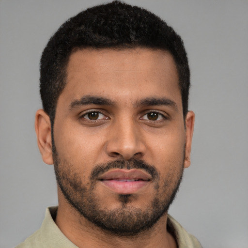 Neutral latino young-adult male with short  brown hair and brown eyes