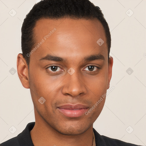 Joyful black young-adult male with short  brown hair and brown eyes