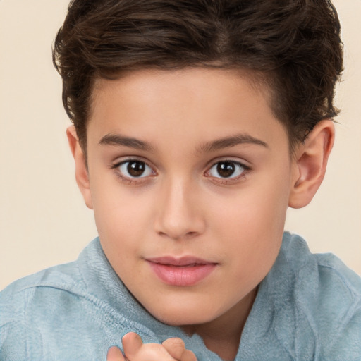 Joyful white child female with short  brown hair and brown eyes