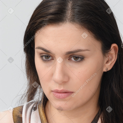 Neutral white young-adult female with long  brown hair and brown eyes