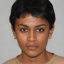 Neutral asian young-adult female with short  black hair and brown eyes