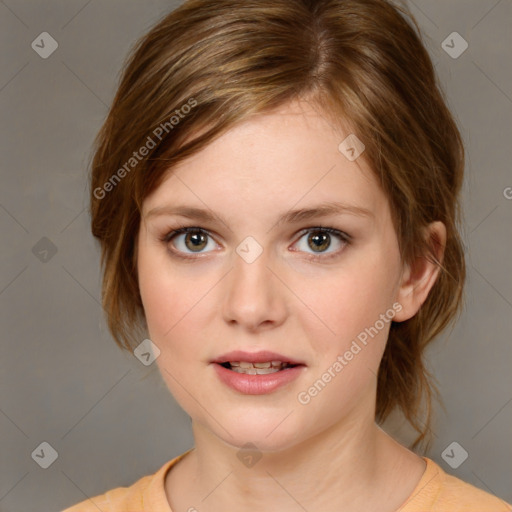 Neutral white young-adult female with medium  brown hair and brown eyes