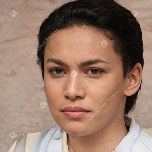 Neutral white young-adult female with short  brown hair and brown eyes