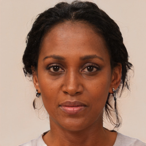Neutral black adult female with medium  black hair and brown eyes
