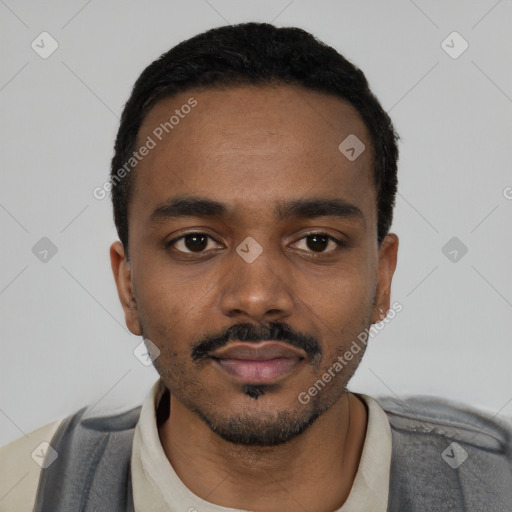 Neutral black young-adult male with short  black hair and brown eyes