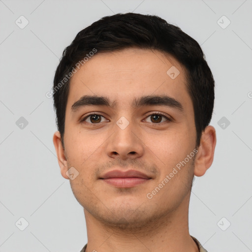 Neutral latino young-adult male with short  black hair and brown eyes