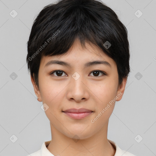 Joyful asian young-adult female with short  black hair and brown eyes