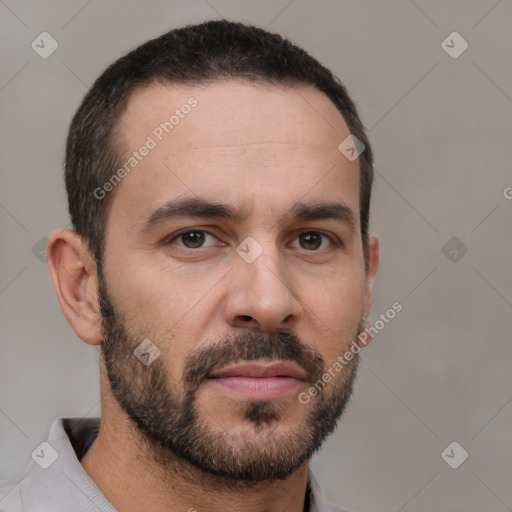 Neutral white young-adult male with short  brown hair and brown eyes